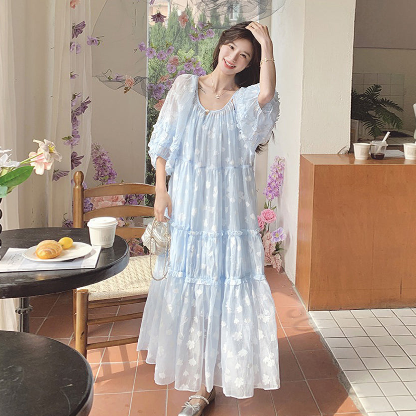 【ワンピース】ライトブルー 七分袖 小花柄 ワンピース レディース 夏 ロマンチック スイート系 フレアシルエット フェアリードレス【SHシリーズ】