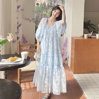 【ワンピース】ライトブルー 七分袖 小花柄 ワンピース レディース 夏 ロマンチック スイート系 フレアシルエット フェアリードレス【SHシリーズ】