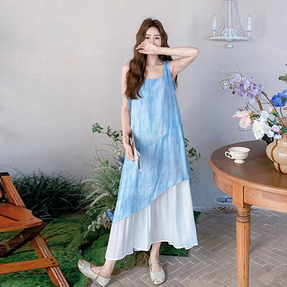 【ワンピース】夏 レディース ブルータイダイ ノースリーブ ワンピース 配色 染め柄 大人可愛い 体型カバー ファッション【SHシリーズ】