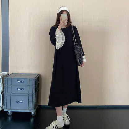 【ワンピース】配色切替長袖ワンピース レディース 秋新作 ゆったり 体型カバー 着痩せ見え ロング丈【JZシリーズ】