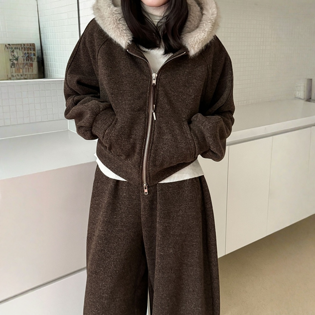 【セットアップ】【単品注文】ファー襟 スウェットアウター + カーブ ワイドパンツ 2点上下セット 【JZシリーズ】