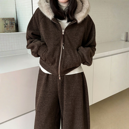 【セットアップ】【単品注文】ファー襟 スウェットアウター + カーブ ワイドパンツ 2点上下セット 【JZシリーズ】