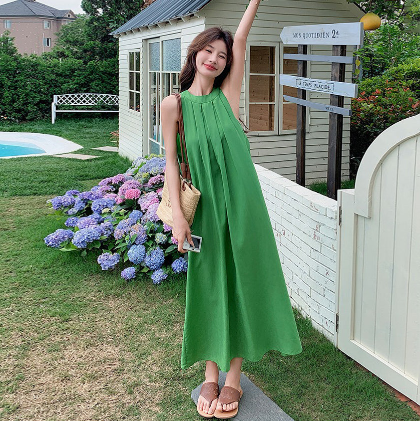 【ワンピース】夏 バカンス森系 細見え気質 ノースリーブオフショルダーワンピース【JZシリーズ】