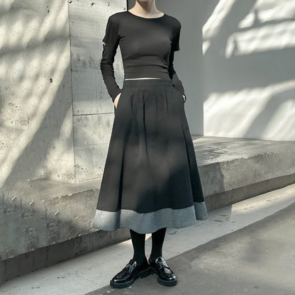 【ボトムス】秋冬 フレンチスタイル チェック柄 切り替え 配色 ブラック ミディ丈 Aライン フレアスカート ウエストゴム すっきり見え【JZシリーズ】