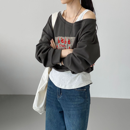 【トップス】韓国風 デザイン スウェット レディース ワンショルダー フェイクレイヤード プリント ゆったり カジュアル 着回し【JZシリーズ】