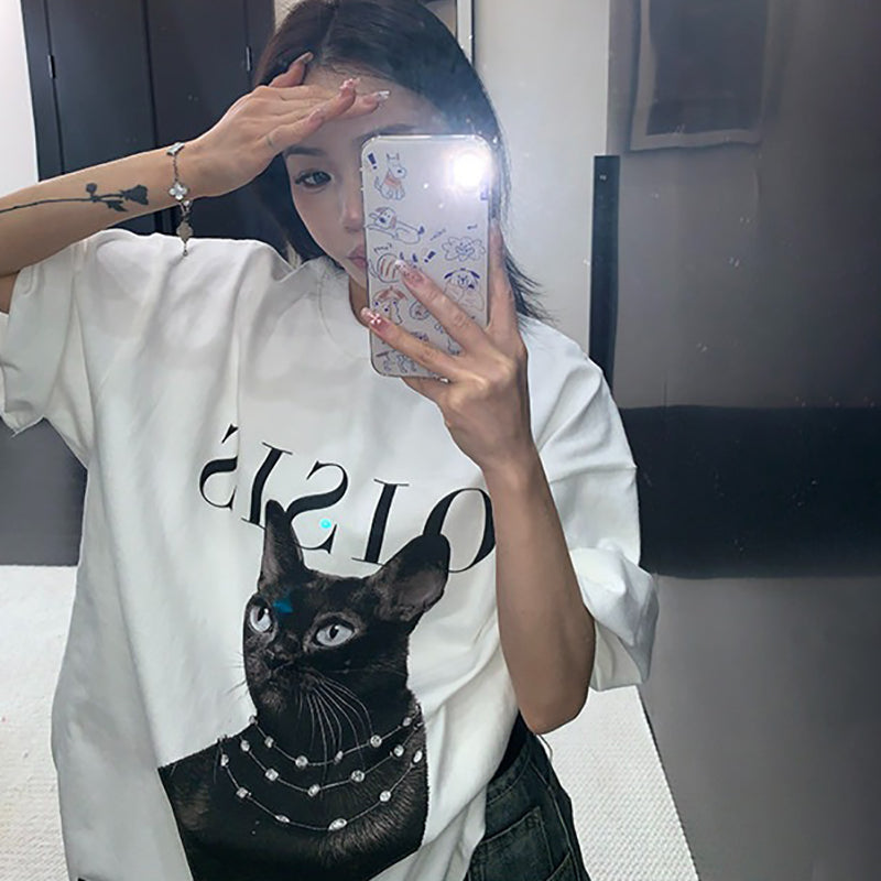 【トップス】ダークアート 猫プリントTシャツ レディース ゆったり こなれ感 半袖【FCシリーズ】