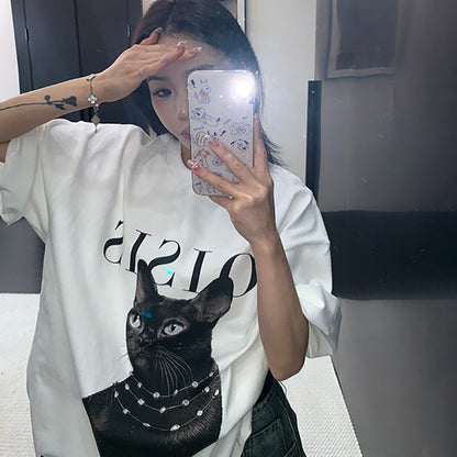 【トップス】ダークアート 猫プリントTシャツ レディース ゆったり こなれ感 半袖【FCシリーズ】