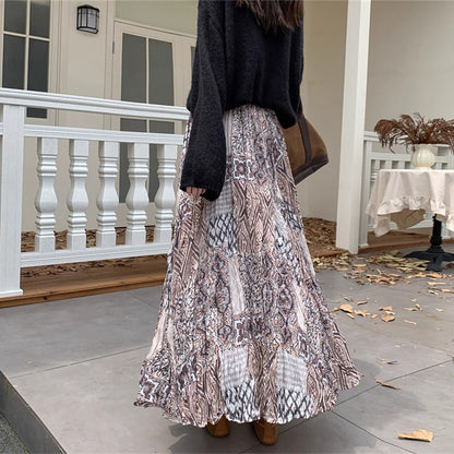 【ボトムス】脚長効果 お腹カバー レトロ柄 ロングスカート ゆったり Aライン フレアスカート【SHシリーズ】