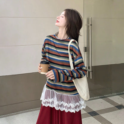 2点セット！【セットアップ】レトロ柄ストライプ切替レーススウェット＆ワイドパンツセット レディース 秋服 新作 大人カジュアル ゆったり体型カバー【JZシリーズ】