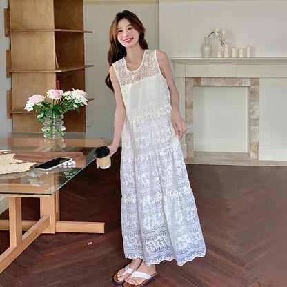 【ワンピース】夏 海辺リゾート風 レース刺繍 ロング丈 気質スタイル ノースリーブワンピース