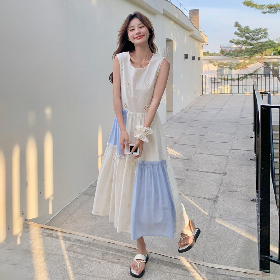 【ワンピース】配色 フリル ノースリーブワンピース レディース 夏 ロングワンピース ゆったり 体型カバー 人気 フレンチ風【SHシリーズ】