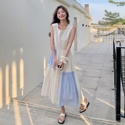 【ワンピース】配色 フリル ノースリーブワンピース レディース 夏 ロングワンピース ゆったり 体型カバー 人気 フレンチ風【SHシリーズ】