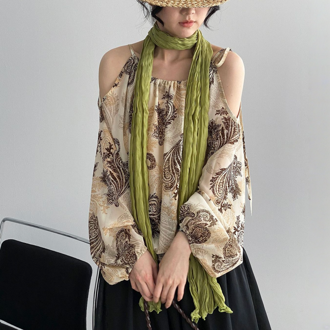 【トップス】小島のそよ風 水墨プリント ハイネック オフショルダー 若見え シャツ【SHシリーズ】