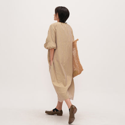 【ワンピース】夏新作 ナチュラルストライプ ゆったりワンピース 薄手七分袖ロングドレス 大きめサイズ カジュアル文芸風【JZシリーズ】【SHシリーズ】