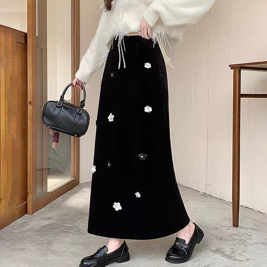 【ボトムス】裏起毛 ロングスカート Aライン スリット入り ヒップカバー 落ち感 ベロア調 厚手 秋冬 レディース【JZシリーズ】