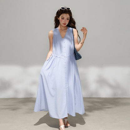 【ワンピース】Vネック ノースリーブ ワンピース レディース 夏新作 ブルー系 フレッシュ リゾート風 ウエストマーク ロング丈 きれいめ【JZシリーズ】