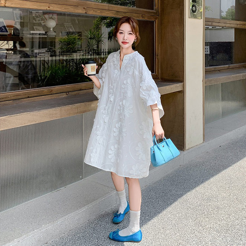 【ワンピース】フレンチヴィンテージ風 立体刺繍半袖ワンピース 大人可愛い＆着やせ見えデザイン【JZシリーズ】