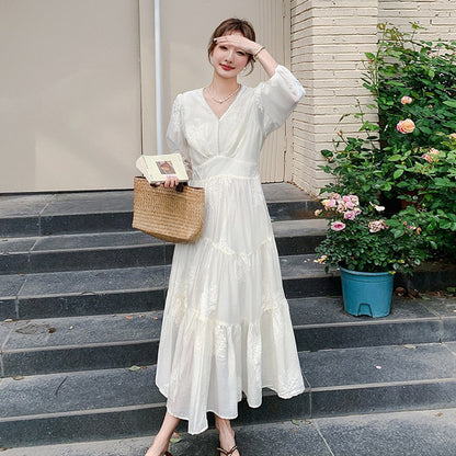 【ワンピース】韓国ファッション  刺繍 ワンピース｜上品 ロング丈｜ウエストマーク 着痩せ 映えドレス【SHシリーズ】