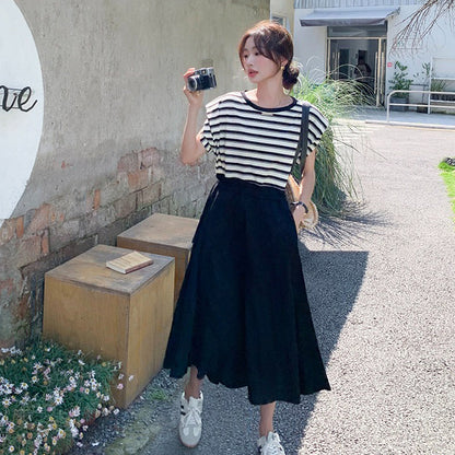 【ワンピース】ストライプ ワンピース レディース 夏 レイヤード風 半袖 ロングワンピース 細見え ウエストマーク 人気 フレンチ風【SHシリーズ】