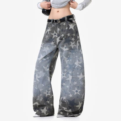 【ボトムス】アメリカンストリート スター総柄 ウォッシュ加工 カーブデニム レディース ワイドパンツ【FCシリーズ】