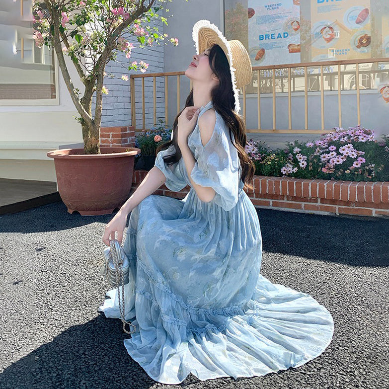 【ワンピース】フレンチ 半袖ワンピース｜オフショル 肩出し ロング丈｜韓国ファッション ウエストマーク 着痩せ 映えドレス【SHシリーズ】