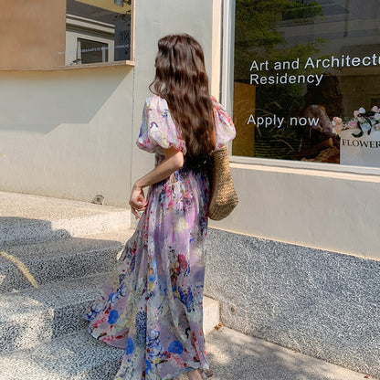 【ワンピース】夏 ドーパミン フラワー 油絵プリント 半袖ワンピース【SHシリーズ】