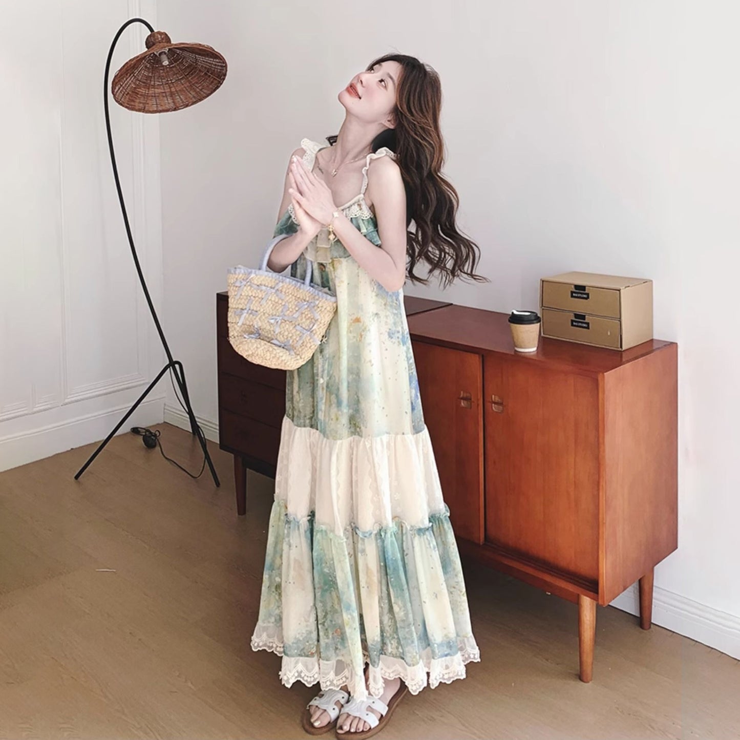 【ワンピース】フレンチヴィンテージ 森系 ビーチリゾートワンピース 油絵風 ノースリーブキャミワンピース【SHシリーズ】