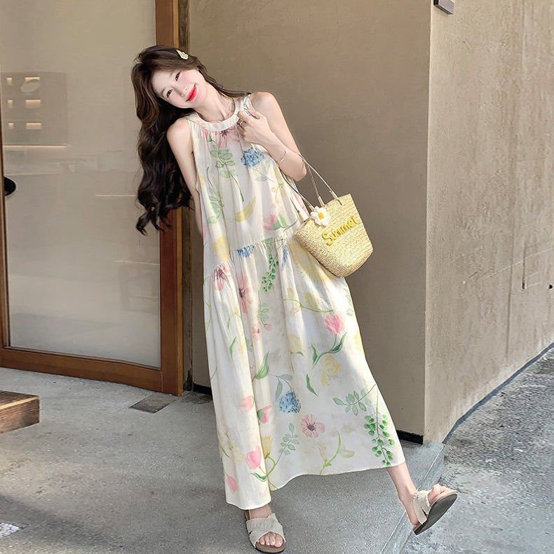 【ワンピース】フレンチレトロ花柄ホルターネックワンピース レディース リゾート風 ロング丈 プリント 夏ワンピース【SHシリーズ】