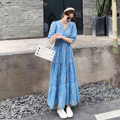 【ワンピース】【10～15日内発送】夏新作 フレンチ風 高級感 Vネック パフスリーブ フラワープリント 半袖ワンピース【SHシリーズ】