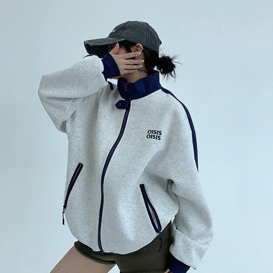 【アウター】ユニセックス スタンドカラーショートブルゾン アメカジ風 配色切り替え ビッグシルエット【FCシリーズ】【10～15日内発送】