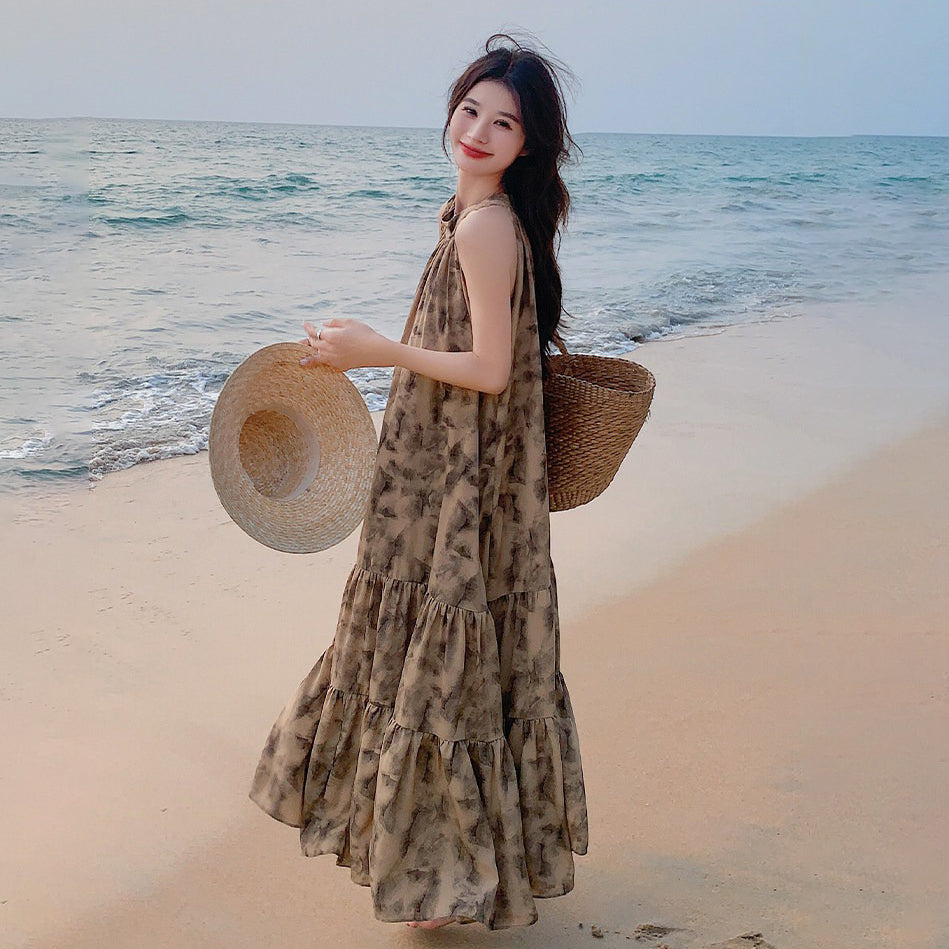 水墨印花掛脖連身裙｜無袖長裙女｜度假風氣質飄逸穿搭 夏日顯瘦款【SH系列】