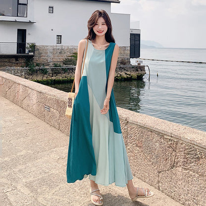 【ワンピース】夏新作 デザイナーズ風 上品 ノースリーブワンピース ハイウエスト 高見え配色 着痩せシルエット【SHシリーズ】