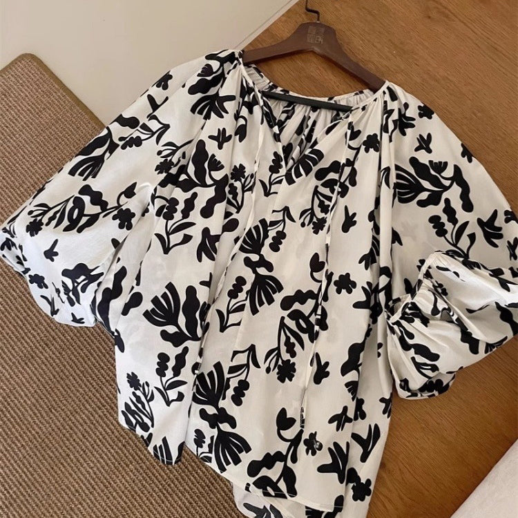 【トップス】フレンチ風パフスリーブ ゆるかわ花柄長袖ブラウス レディース【SHシリーズ】