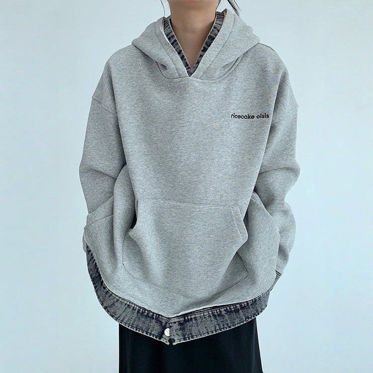 【トップス】春 秋 冬 切り替え デニム フード付き 裏起毛 パーカー 【FCシリーズ】