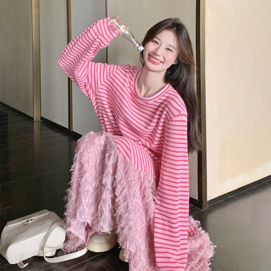 【ワンピース】トレンド切り替え ピンクストライプ 長袖ワンピース  フェイクレイヤード マーメイドスカート カジュアル スウェットワンピ 【SHシリーズ】