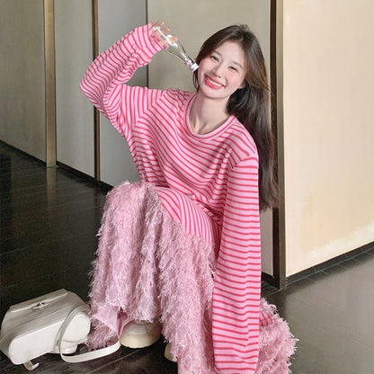 【ワンピース】トレンド切り替え ピンクストライプ 長袖ワンピース  フェイクレイヤード マーメイドスカート カジュアル スウェットワンピ 【SHシリーズ】