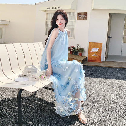 【ワンピース】韓国ファッション ブルー 花柄 ワンピース｜ノースリーブ ティアード ロング丈｜海辺 リゾート ビーチ 撮影用 映えドレス【SHシリーズ】