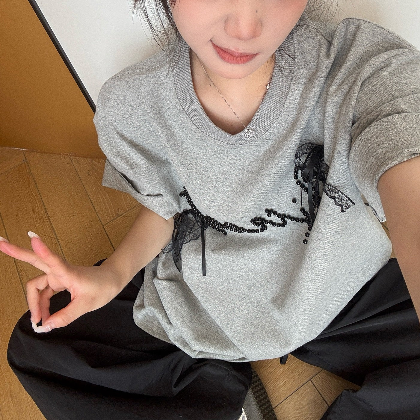 【トップス】夏  リボン ビジュー レース ルーズ 半袖 Ｔシャツ 【FCシリーズ】