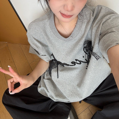 【トップス】夏  リボン ビジュー レース ルーズ 半袖 Ｔシャツ 【FCシリーズ】