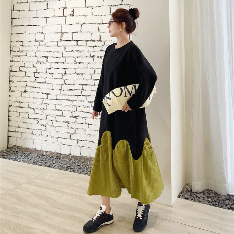 【ワンピース】秋冬切替Aライン 大きいサイズ 体型カバー フリル裾 厚手 長袖ワンピース【JZシリーズ】