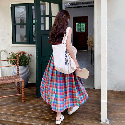 【ワンピース】夏 ドーパミンカラー チェック 高級感 シェイプアップ リゾート風 ノースリーブワンピース【SHシリーズ】