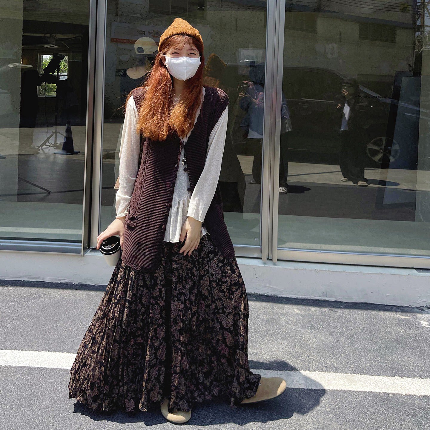 【ボトムス】レトロ風 ハイウエスト スリム見え フレアロングスカート 花柄プリーツ デザイン性スカート【SHシリーズ】