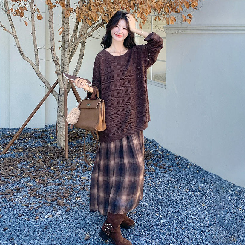 2点セット！【セットアップ】マラード風ゆる感ニット透かし編みカーディガン×チェック柄ノースリーブワンピースセット【SHシリーズ】