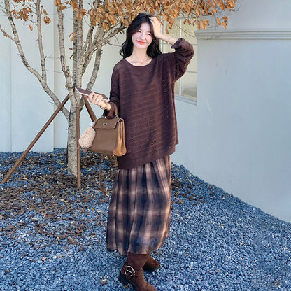 2点セット！【セットアップ】マラード風ゆる感ニット透かし編みカーディガン×チェック柄ノースリーブワンピースセット【SHシリーズ】