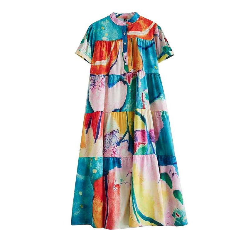 【ワンピース】韓国風ゆったりサイズ 半袖プリントシャツワンピース｜体型カバー◎涼しげなミディ丈【SHシリーズ】