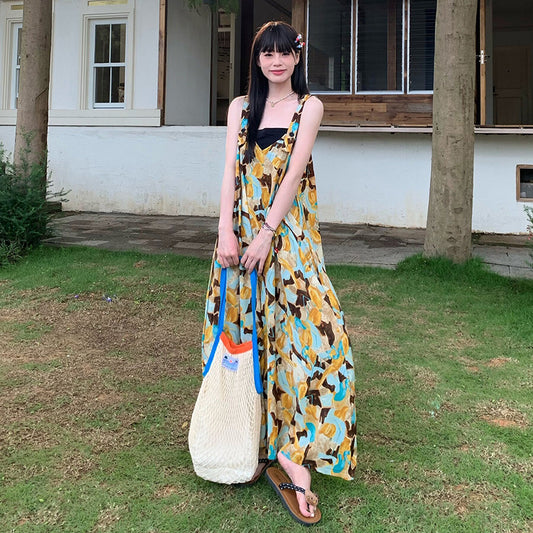 【ボトムス】黄青グラデーション柄 サロペット レディース オールインワン 夏 Vネック ワイドパンツ ゆったり 体型カバー カジュアル アート風 リラックス モード 大人可愛い【SHシリーズ】