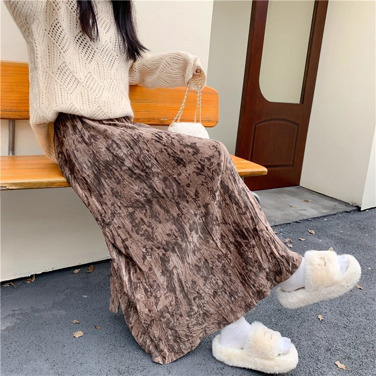 【ボトムス】プリーツ ゆったり ヒップカバー Aラインロングスカート 水墨画柄 ベルベットスカート【SHシリーズ】