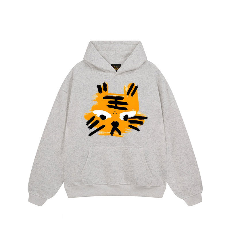 【トップス】🐱ストリートタイガーヘッドプリント裏起毛パーカー ユニセックス ペアルック 秋冬 オーバーサイズ【FCシリーズ】