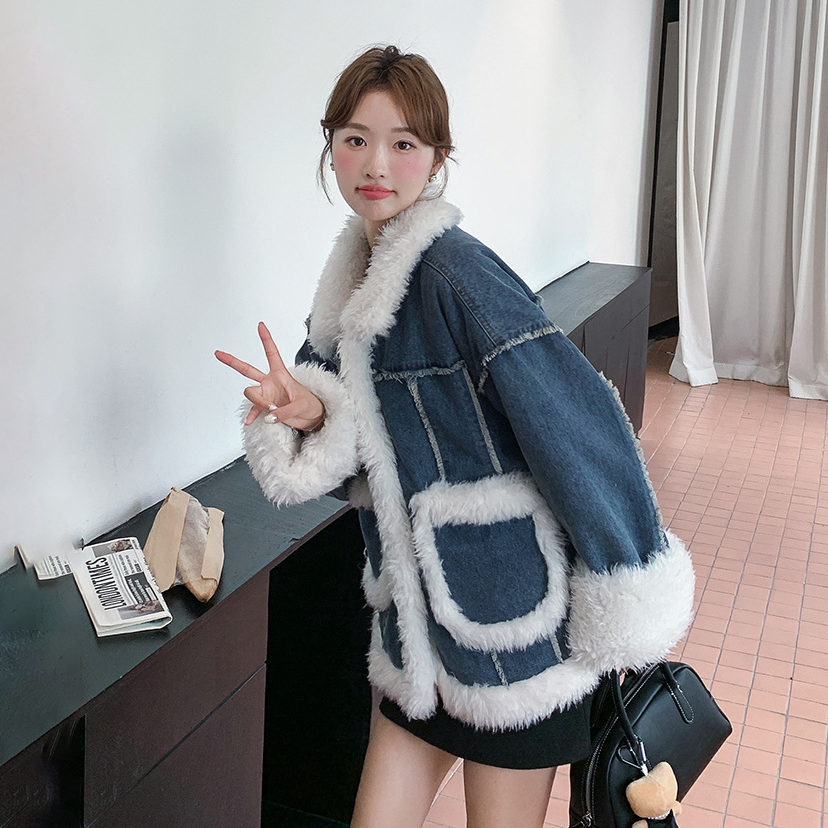 【アウター】ヴィンテージ風 ボア×ブルーデニムジャケット 2025冬 厚手 保温 中綿コート レディース おしゃれ【JZシリーズ】