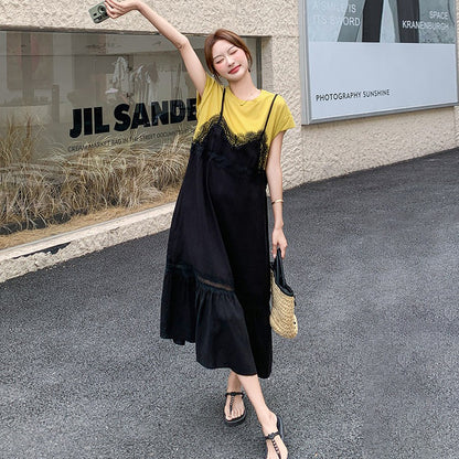 【ワンピース】レース ワンピース レディース 夏 レイヤード風 半袖 ロングワンピース 細見え 人気 韓国風 デザインワンピース【JZシリーズ】